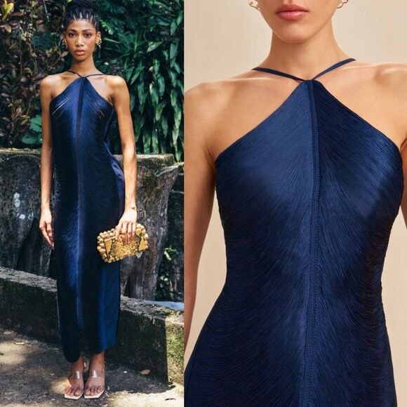 Cult Gaia Renata Silk Fringe Halter Gown Ink Navy Size Large - Picture 14 of 15